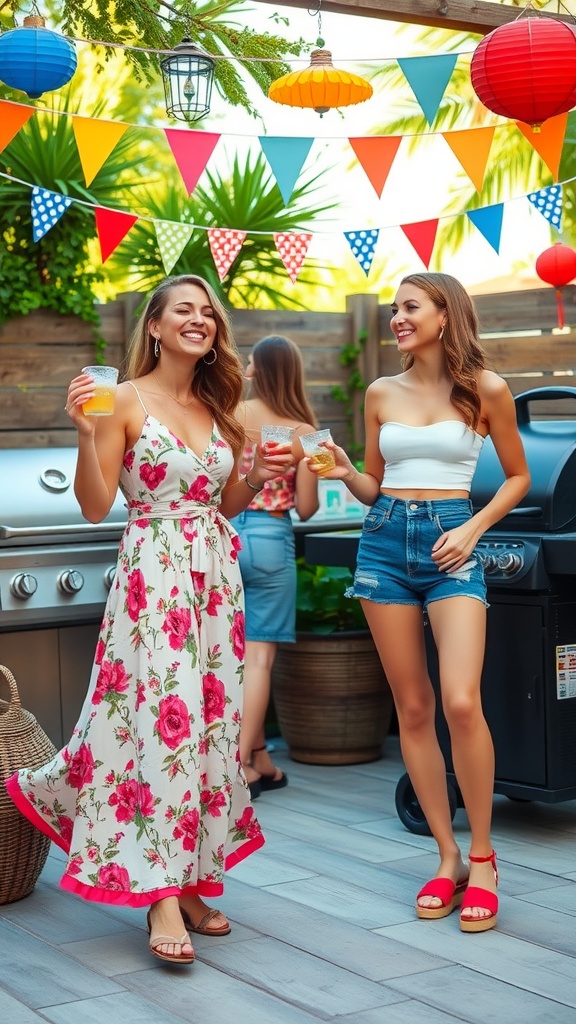 Women in stylish barbecue outfits laughing and enjoying an outdoor summer gathering.